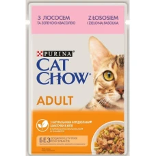 Cat Chow Adult Ніжні шматочки в желе з лососем і зеленою квасолею для кішок