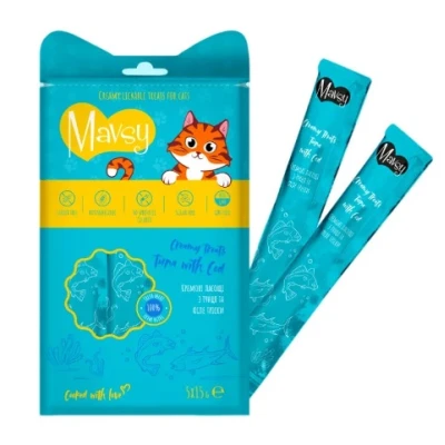 купити MAVSY Creamy lickable treats tuna with cod for cats - Кремові ласощі з тунця та філе тріски для котів, 5х15г в Одеси