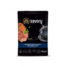 Savory вологий корм для дорослих котів, лосось з горошком у соусі