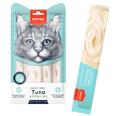купити Wanpy Creamy Lickable Treats Tuna & Codfish ВАНПІ ТУНЕЦЬ З ТРІСКОЮ рідкі ласощі для котів, 5 стіків по 14 г в Одеси